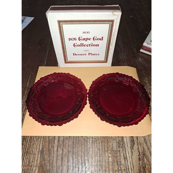Vintage Avon 1876 Cape Cod Ruby Red Cranberry Pressed Glass Dessert Plates Set - Picture 1 of 5